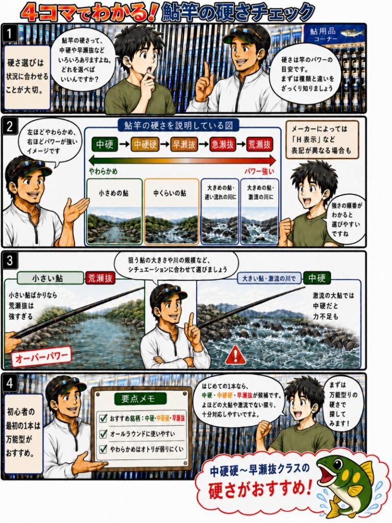 鮎竿の硬さを初心者に説明している漫画