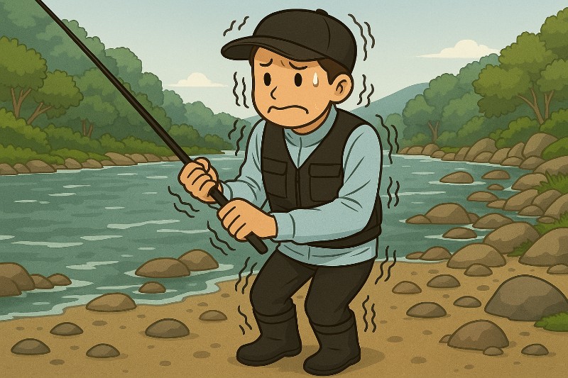 鮎釣りで寒いイラスト